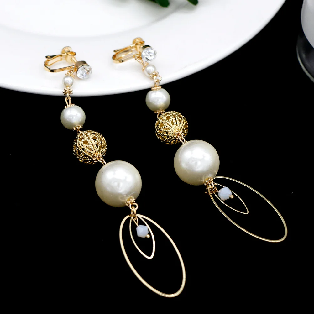 

Women Ear Clips Pearls Beads Chain Pendant Non-Piercing Earrings Long Golden Oval Ring Decorative Ear Jewelry for Wedding Party