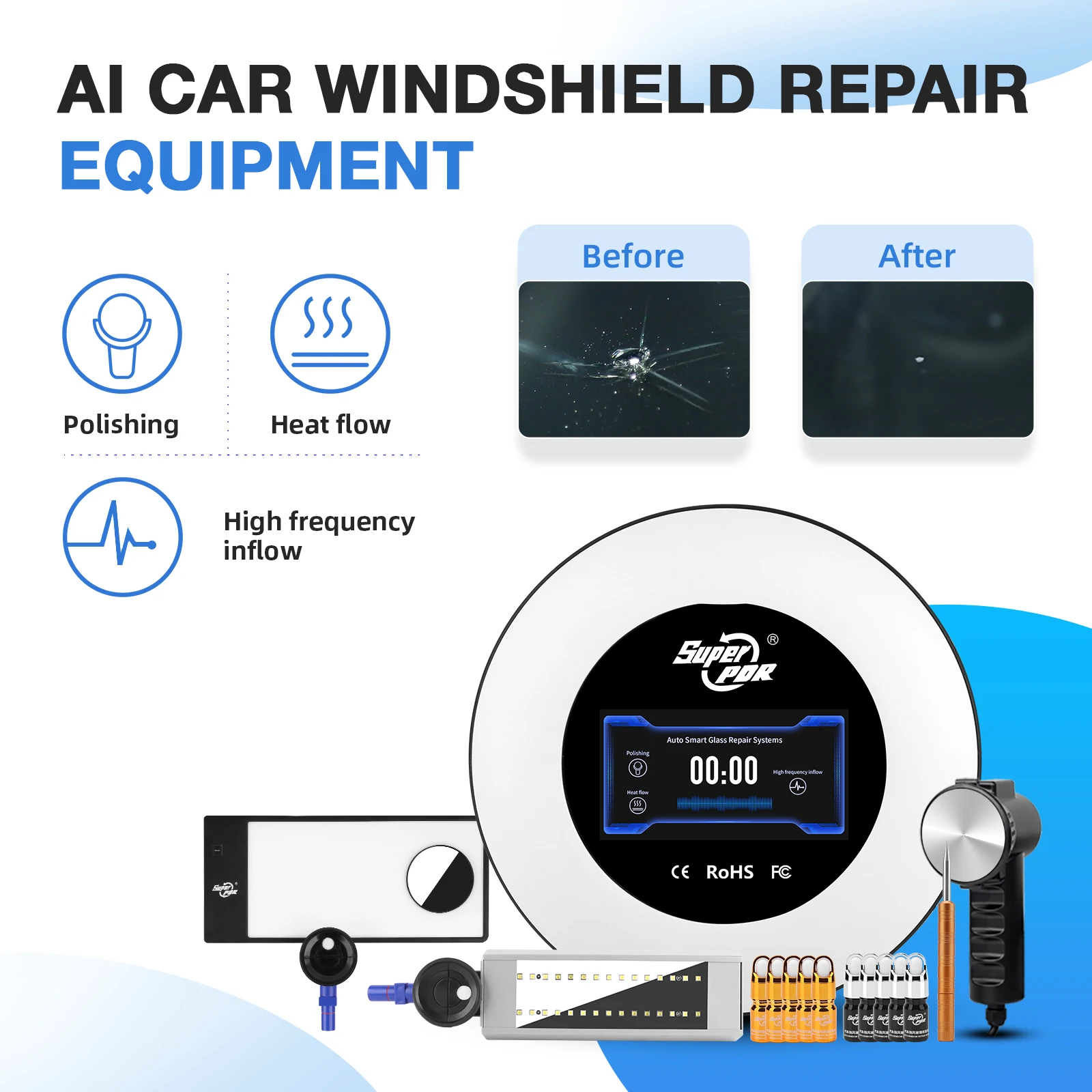 

Super PDR 2nd Generation Glass Repair Equipment Auto Windshield Scratch, Crack and Chip Repair Kit Smart Glass Repairer.