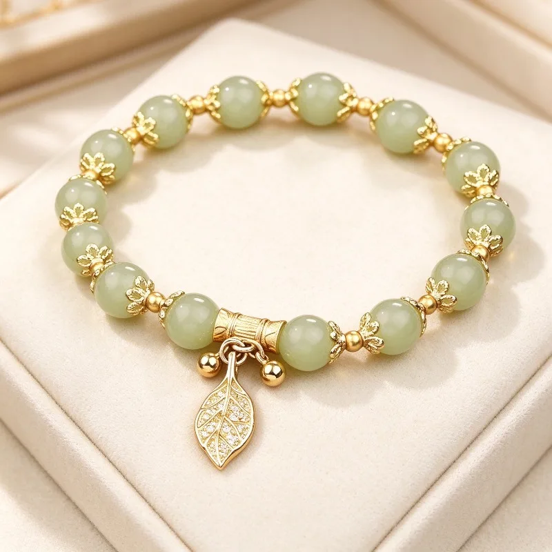 Pulsera de cuentas de jade con hojas de oro de estilo chino, pulsera de gemas de la suerte, joyería oriental elegante para mujer, regalo, amuleto, moda.