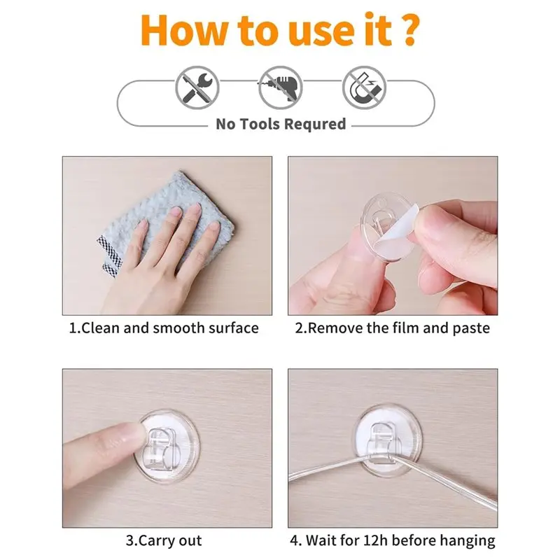 DTA4-Clear Mini Light Clips Small Hooks With Adhesive Strips Hooks For String Lights