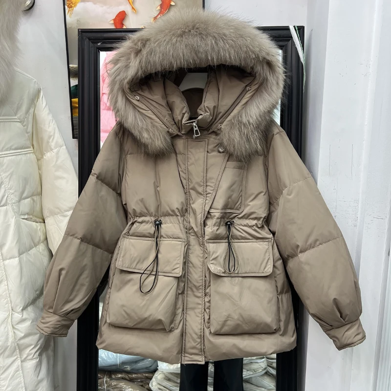 Women Hooded Down Jackets 2023 New Fall Winter Faux Fur Collar Solid Color Drawstring Thick Warm Outerwear Office Lady Wear