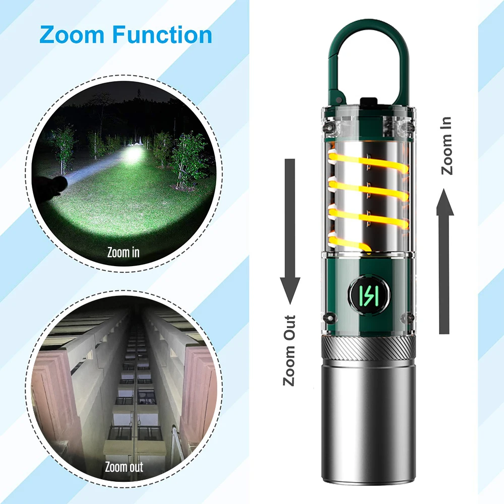 Super Bright LED Flashlight Rechargeable Torch Portable Work Light Outdoor Camping Light with Warm Side Lights and Portable Hook