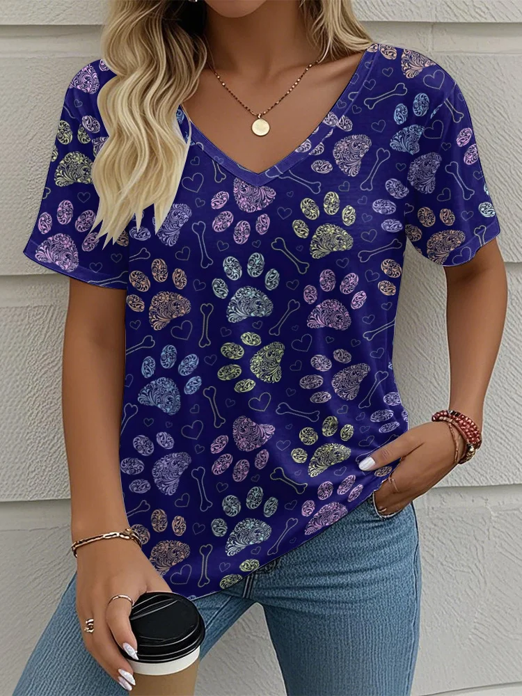 

Cat Women's V-neck T-shirt Summer Outdoor Casual Short Sleeve Tops 3D Cute Cat Hand Printed OverSize Women's Clothing
