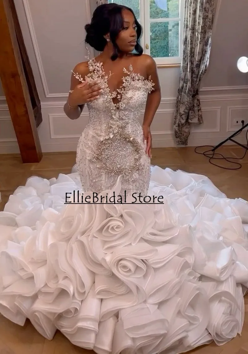 Luxury African Weddings Dress 2024 Sweetheart Beading Crystal Mermaid Bridal Gowns Ruffles Dubai vestido de novia Customized