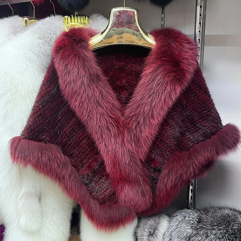 2025 New Real Mink Fur Coat Women Autumn Winter Shawl Knitted Genuine Fur Jacket Cape Scarf Natural Fox Fur Collar Luxury Cloak