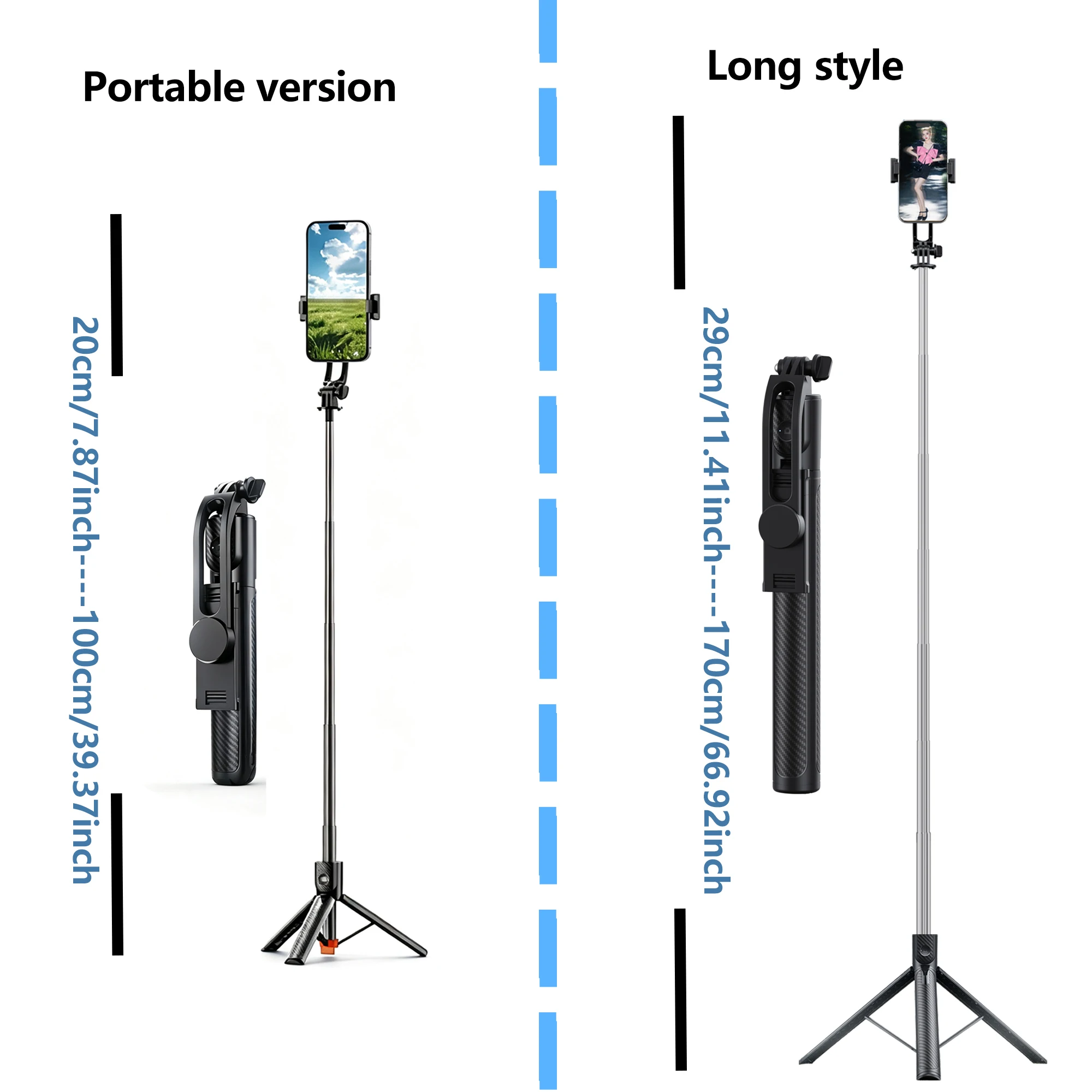 100cm/170cm ausziehbares Selfie-Stick-Stativ. 360 ° Drehbarer tragbarer Telefonständer mit rutschfester Basis, geeignet für iPhone und Android. Per – Detail 6