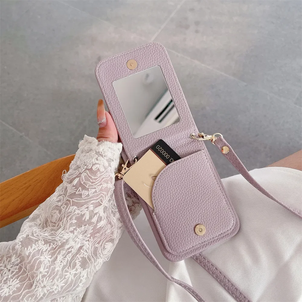 Makeup Mirror Flip Card Pocket Leather Case For Iphone 14 Pro Max 11 12 13 15 Finger Ring Holder Cute Crossbody Lanyard Cases