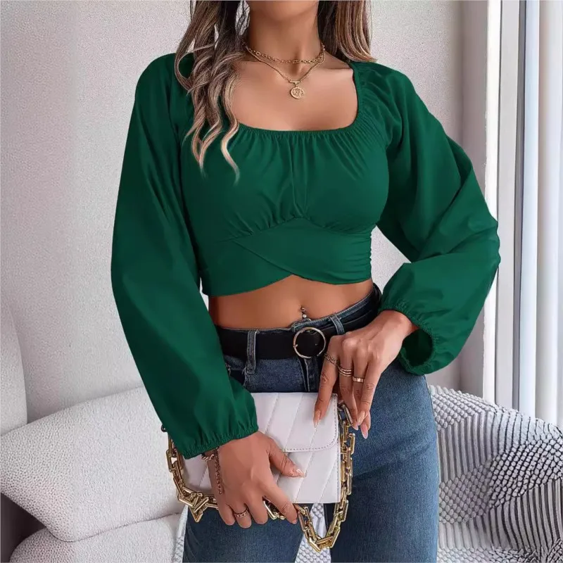 Spring/Summer Leisure Lantern Sleeves Lace Up Chiffon Blouse Woman Slim Solid Color Crop Tops Lady Long-Sleeved Backless Shirts