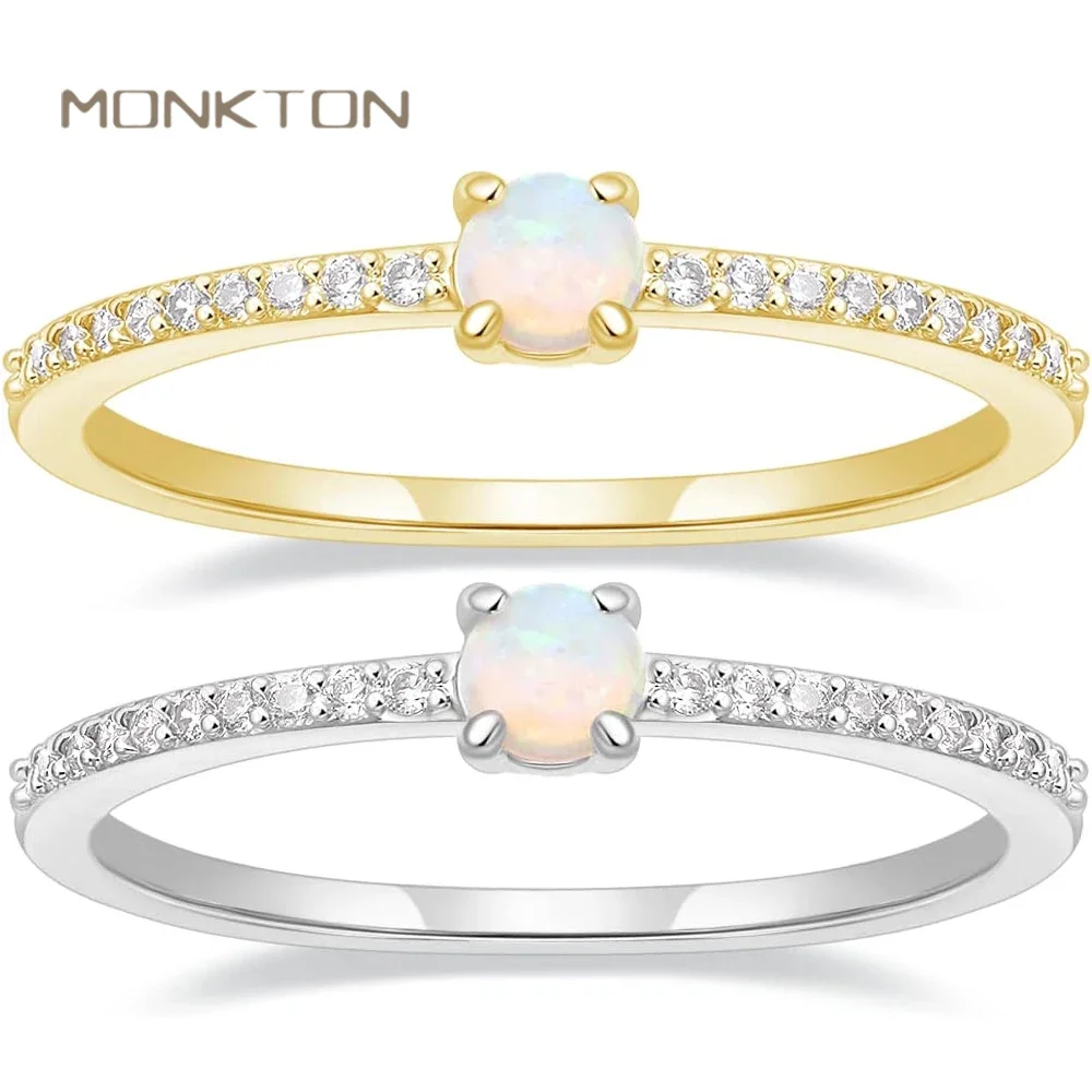 Monkton 14K Gold Plated Wedding Band for Women Created Opal Cubic Zirconia Thin Stacking Half Eternity Engagement Rings