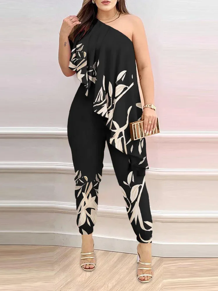 Sexy One Shoulder Jumpsuits Woman 2023 Summer New Fashion Asymmetrical Ruffles Plain Sleeveless Print Long Jumpsuit Clothing