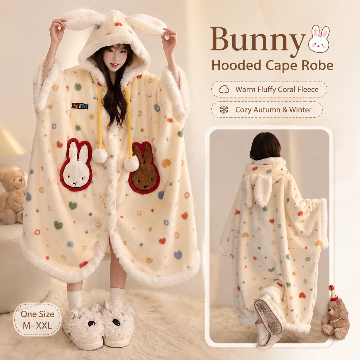 Cute Miffy rabbit Autumn Winter Home Wear hooded Warm cloak Sleepwear Wide batwing sleeve design Halloween Party Cosplay Outfit