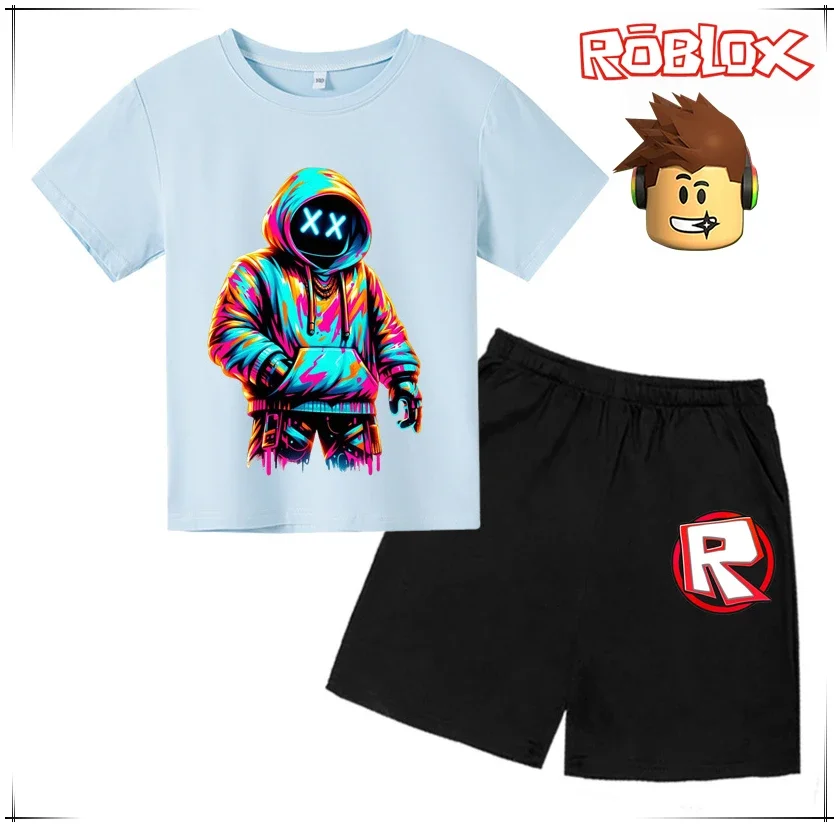 Roblox Conjunto de camiseta casual para niños con gráfico de anime 3D, ropa para niños y niñas, camiseta de manga corta