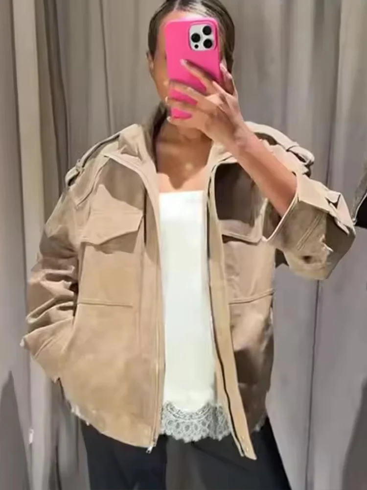 

Женская замшевая куртка 2025, новая весенняя мода, свободное пальто на молнии с длинными рукавами, шикарная женская уличная верхняя одежда ﻿