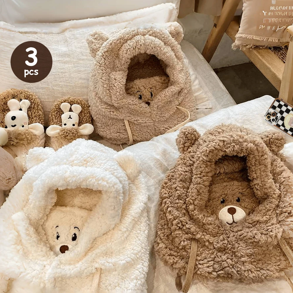 Cartoon Bear Fuzzy Hat, Ear & Neck Protection Winter Cute Hooded Hat, Comfortable Thermal Beanie Hat image 2