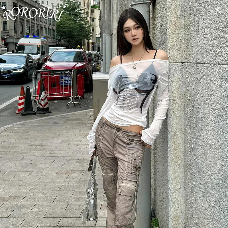 RORORIRI Sheer Mesh Long Sleeves T-shirt Women Aesthetic Print Slim Fit One-shoulder Pullover Overlay Top Grayu Y2k Streetwear