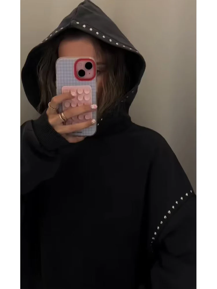 2026 frühling Herbst Frauen Jacke Langarm Niet Dekoration Hoode Jacken Für Frauen Casual Neue Schwarz Oberbekleidung