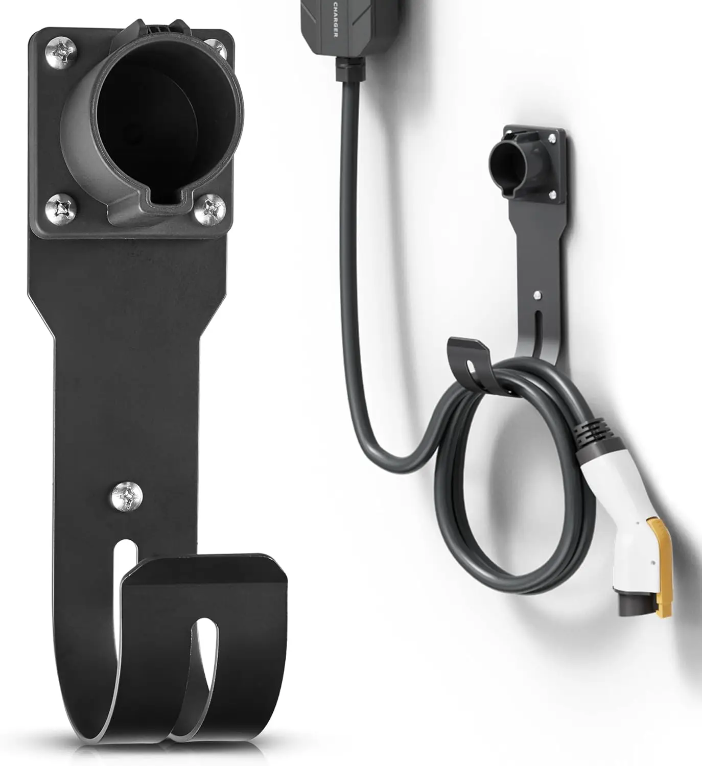 

SAE J1772 EV Charger Holder, Wall Mount Nozzle Dock & J-Hook Combo, Heavy Duty Cable Organizer for Electric Vehicle