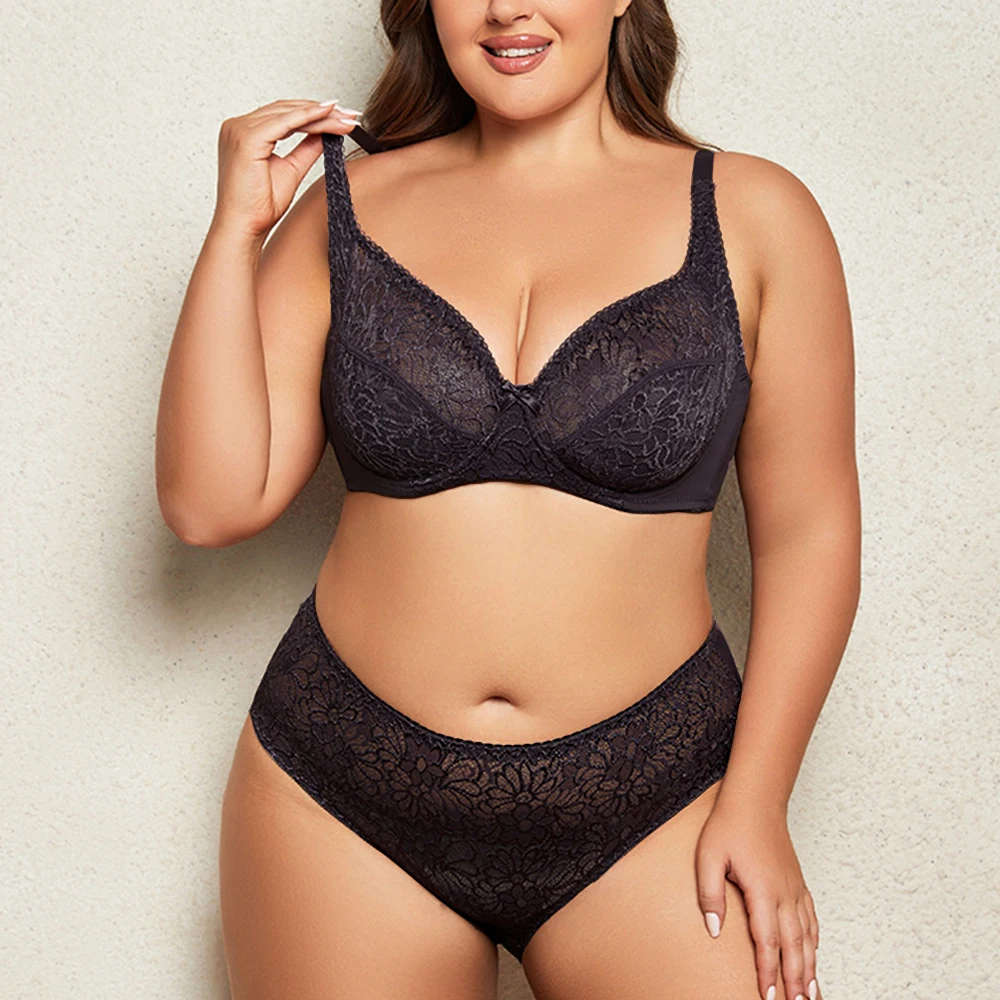 Sexy Lace Thin Panty and Briefs Plus Size Women\'s Brassiere Set Girl Top BH Lingerie Sets Underwear Women B C D DD E F Cup