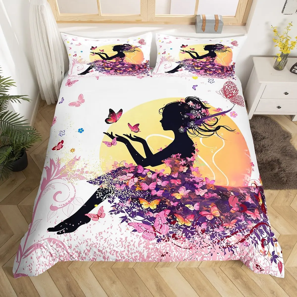 Fairy Girl with Wings Bedding Set Garden Fantasy Floral Duvet Cover Flying Butterfly Comforter Cover Colorful Flower Quilt Cover