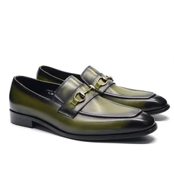 Mocassim de cavalo de couro genuíno masculino, sapato formal, verde, casual, negócio, festa, europeu, vestido de casamento clássico