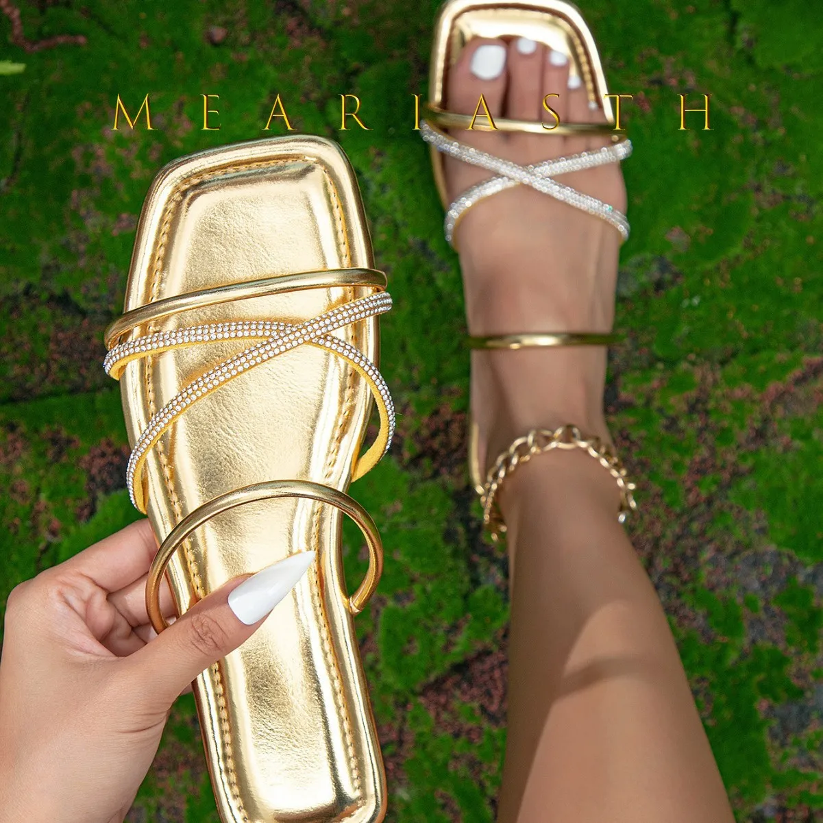 

Women'S Fashion crystal gold Slippers Casual Solid Crystal Roman Flat Slippers Sandals Shoes Women'S Outdoor Beach Sandals