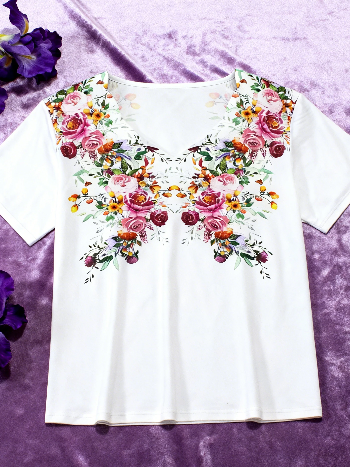 

Spring Summer Plus Size Floral Print Wave V-Neck Short Sleeve T-Shirt for Women