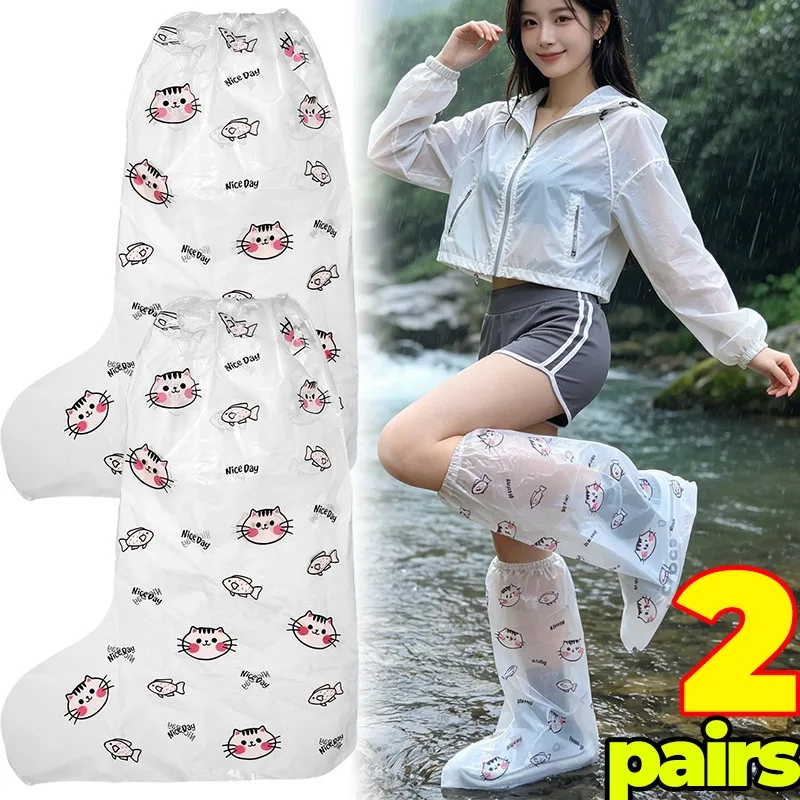 

Waterproof Rain Shoe Covers Disposable PE Boot Covers Cute Cat Fish Print High Tube Drawstring Non Slip for Hiking Camping