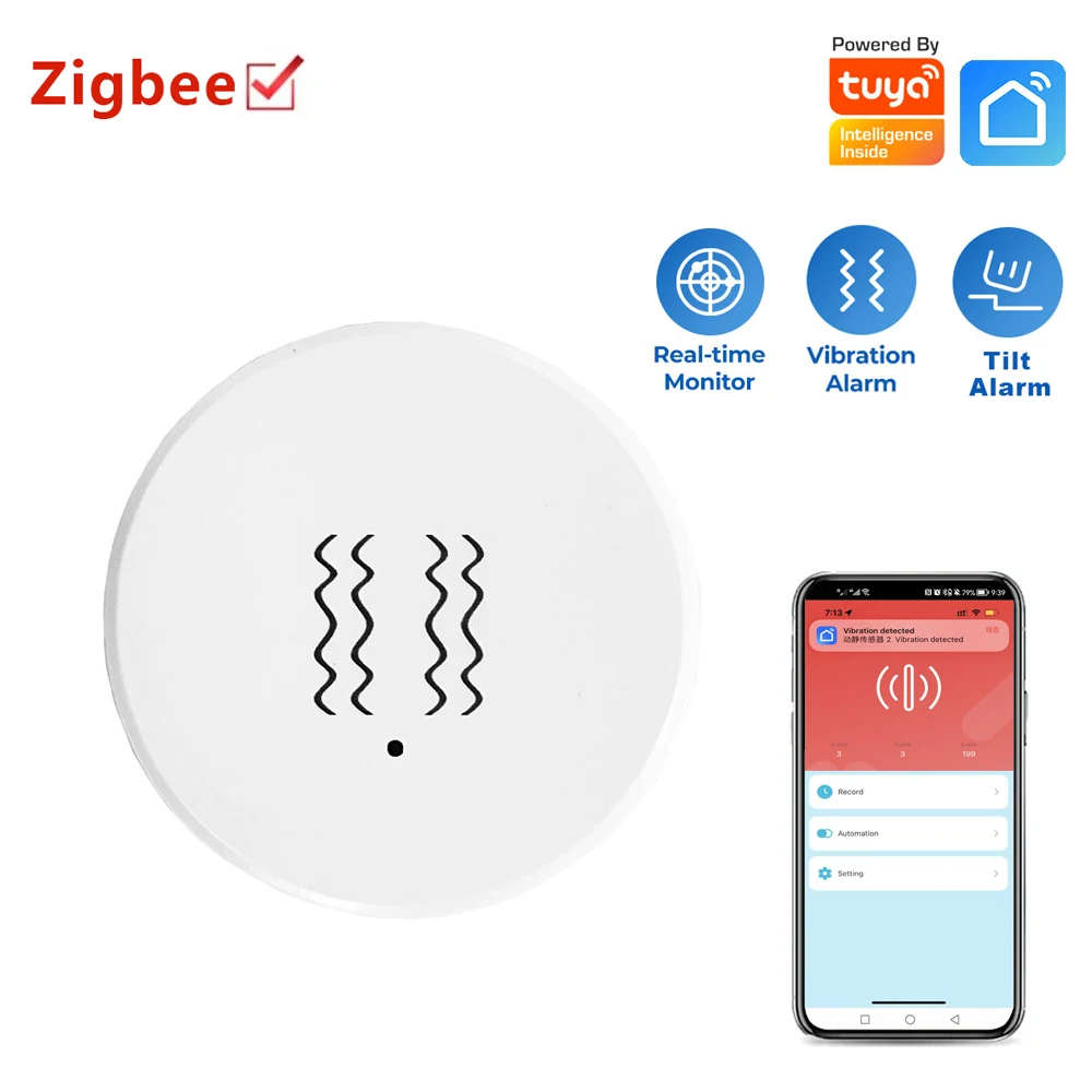 Tuya Zigbee Smart Vibration Tilt Sensor Real Time Monitoring Smart Life App Remote Control Smart Home Security Protection System