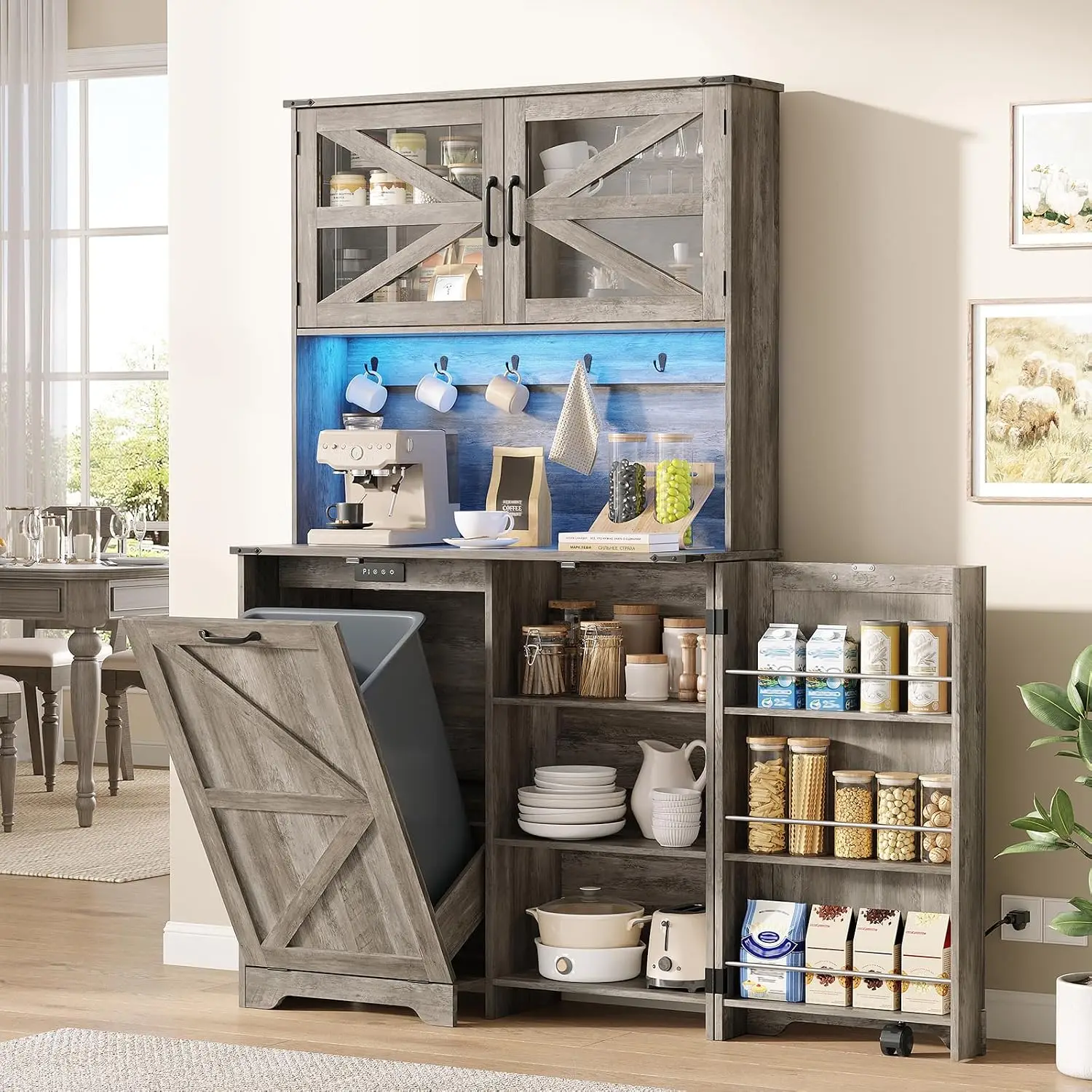 Kitchen Pantry Storage Cabinet with LED Light & Outlet, Tall Kitchen Hutch with Tilt Out Trash Can Cabinet and Deodorizing