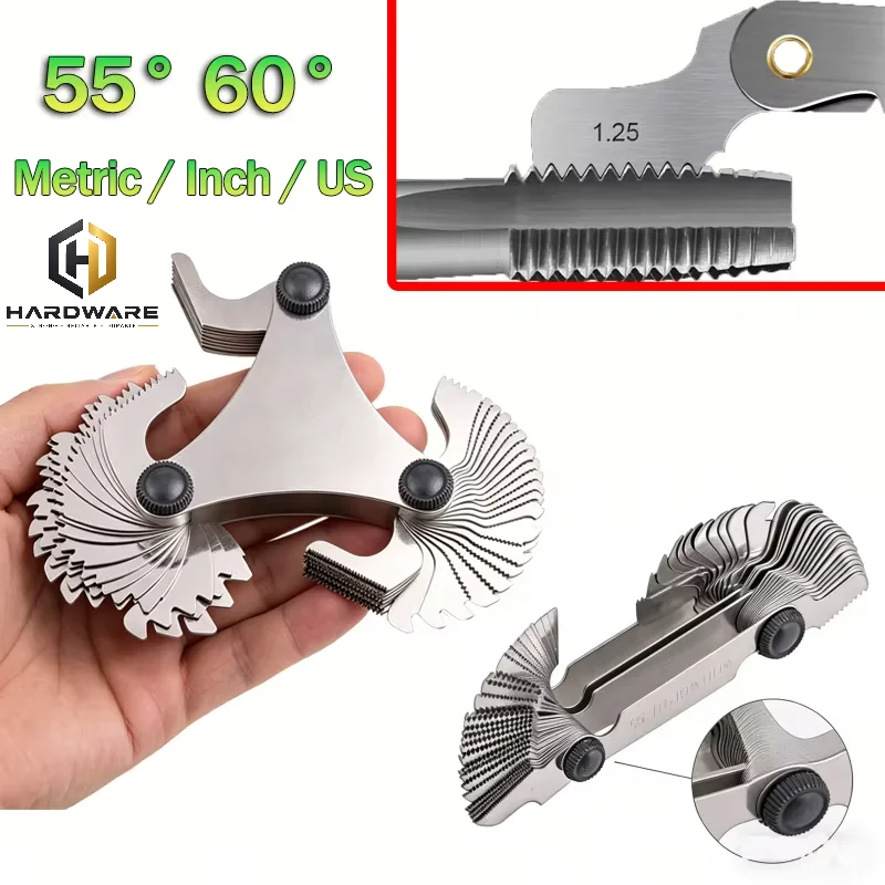 55-60 Degree Stainless Steel Screw Gauge Metric Inch Us Thread Plug Gauge Gear Tooth Thread Pitch Folding Measuring Tool