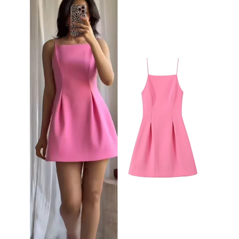 

Elegant Ladies Pink Spaghetti Strap Dress 2025 Summer New Simple Style Women Slim Short Dress Party Fashion A-Line Dress
