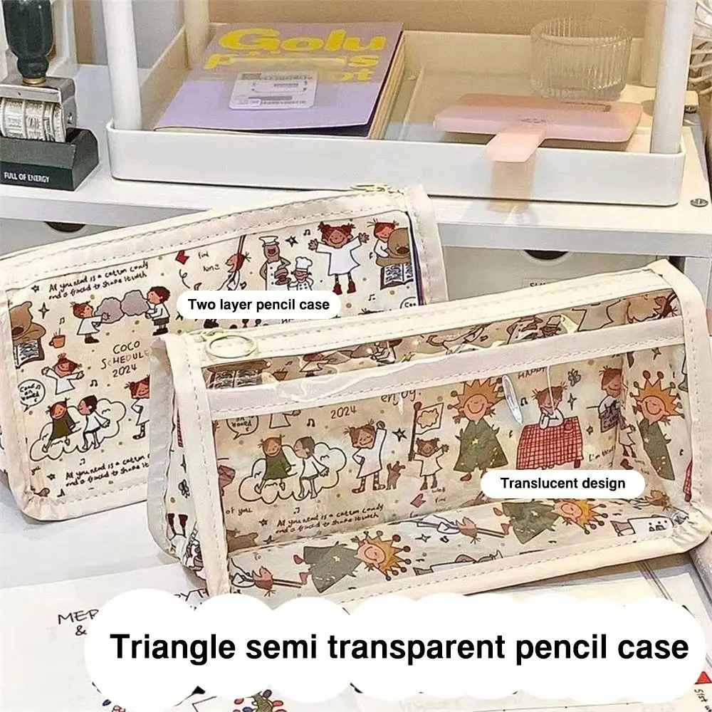 Cartoon Cute Girl Pattern Pen Bag Large Capacity Stable Triangle Base Pencil Case Transparent Pen Box Student Gift