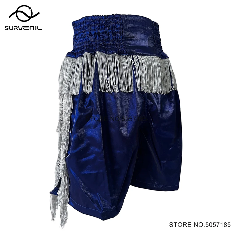 Boxing Shorts Men Women Kids Muay Thai Shorts Tassels BJJ MMA Martial Arts Clothes Blue English Boxing Fight Kickboxing Pants