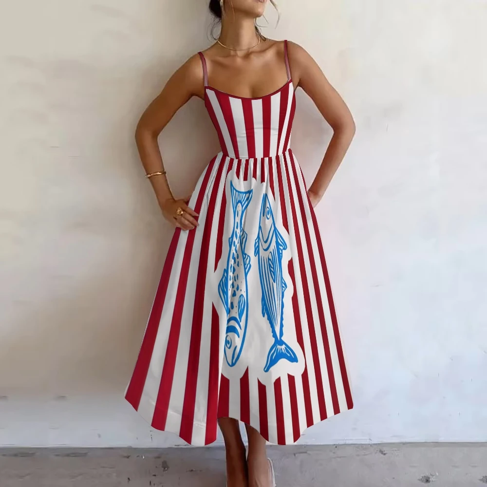 Retro Pink Striped Dress Women Slim Sleeveless Suspenders Outfits Sexy A-Shaped Long Dress Sardines Graphic Print Beach Wear New