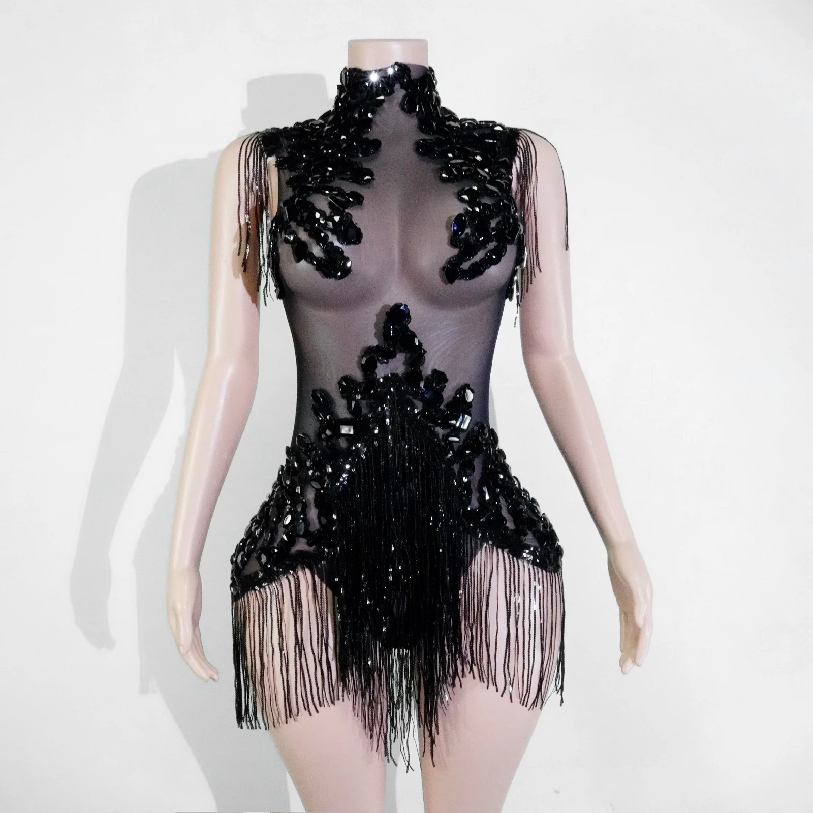 

New Black Rhinestone Tassel Decorated Highneck Seethrough Sleeveless Stage Jumpsuit For Singers Parties Birthdays And Nightclubs