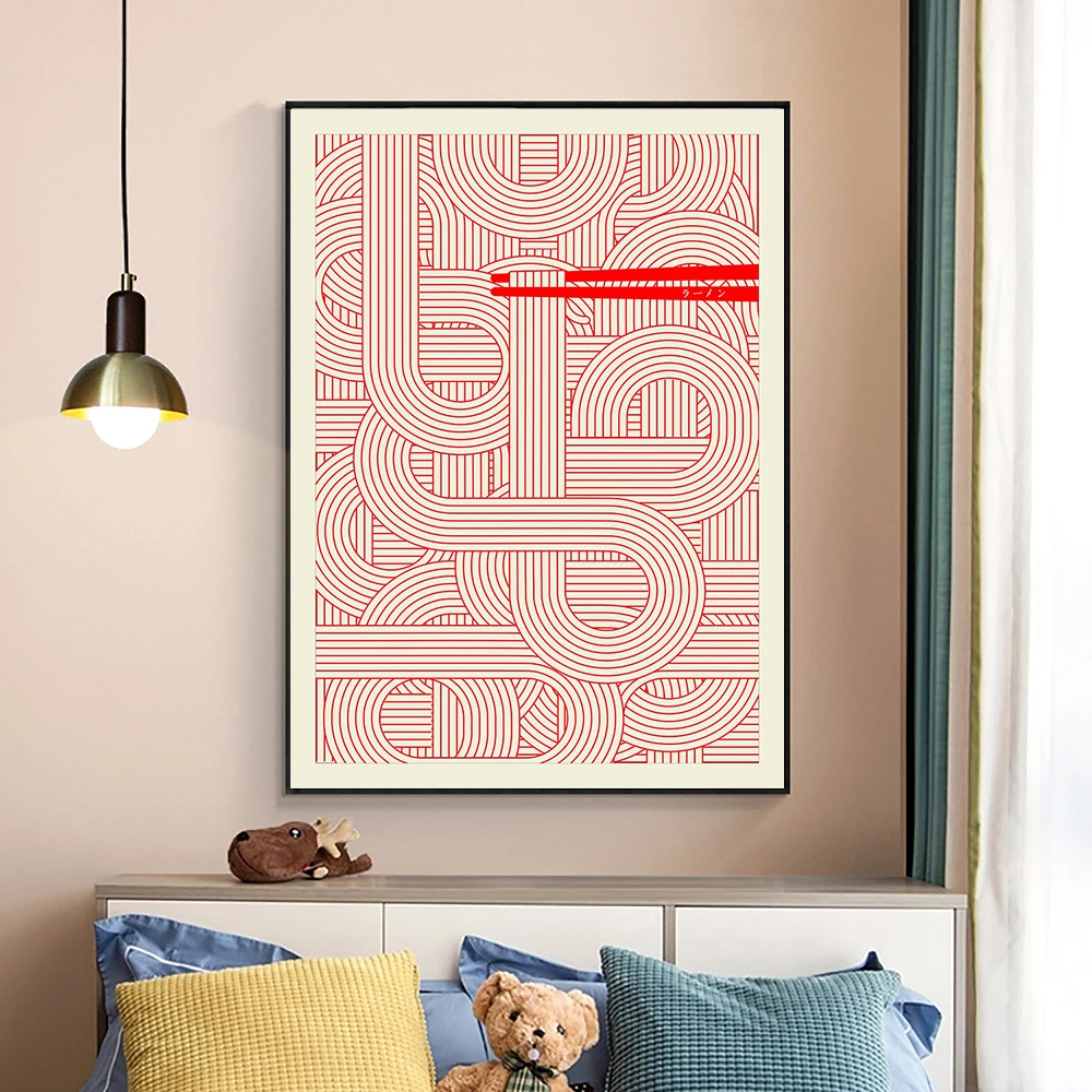 Póster rojo minimalista sin marco de Ramen, murales con impresión de líneas abstractas, arte de pared en lienzo, pósteres para cocina, sala de estar, decoración del hogar, 1 ud.