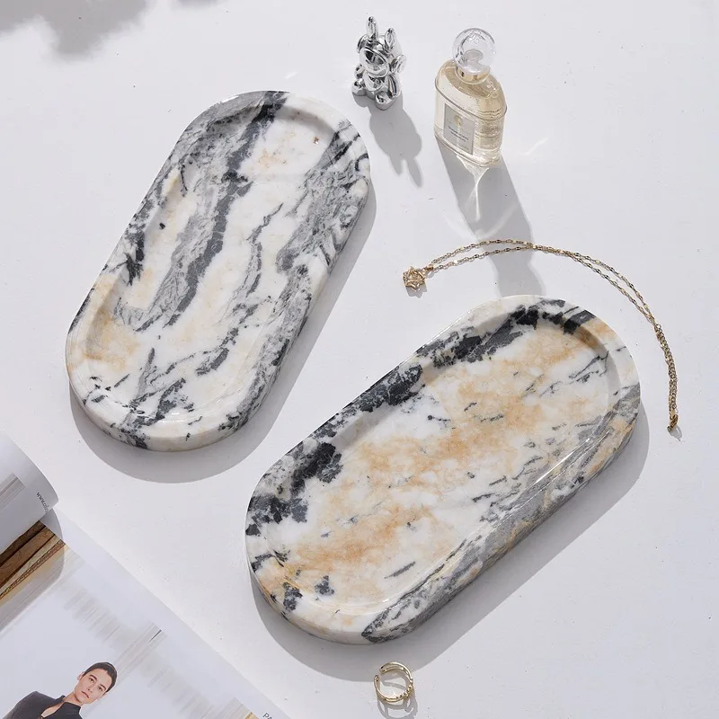 Ancient Chinese Ink Painting Marble Tray, Handcrafted Oval Stone Organizer for Jewelry Keys, Entryway Vanity Decor, Unique Home