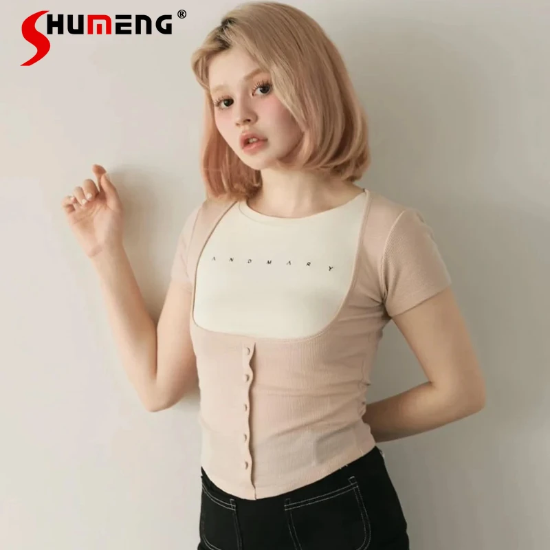 

Japanese Lolita Style 2025 Summer Black White Patchwork Letter Embroidery T-shirt Waist Slimming Short Sleeved Tees Pullover Top