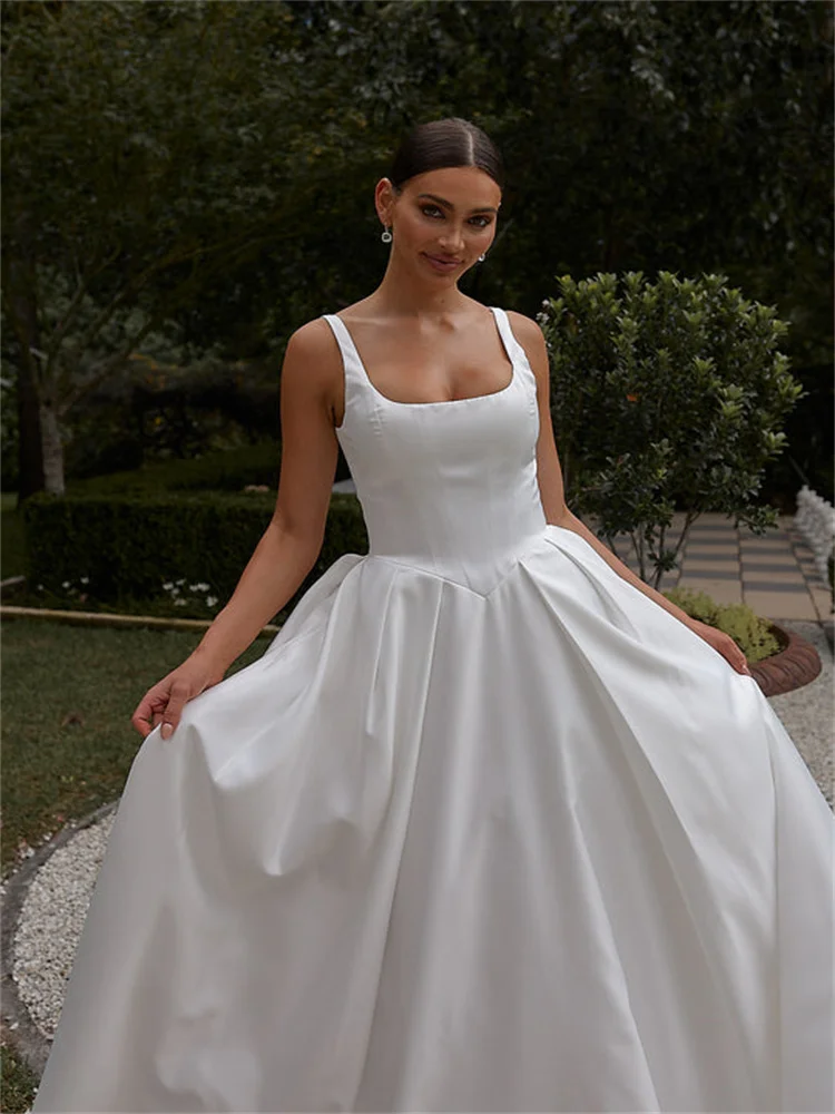 Customized Square Neckline Thin Straps A-Line Satin Wedding Dress Elegant Open Lace Up Back Cathedral Train Gown For Bride 2024