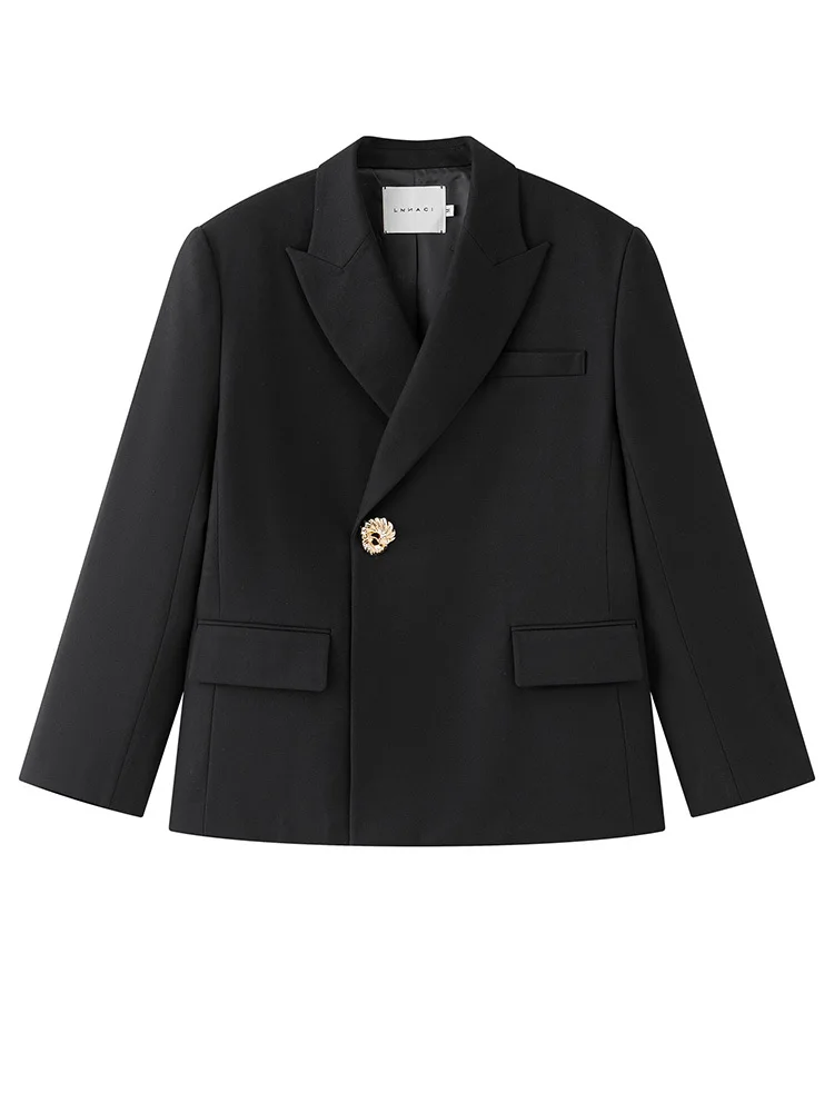 YERMORA Zwarte Gesp Korte Stijlvolle Casual Voor Vrouwen Revers Lange Mouw Losse Fit Nieuwe Jas Mode Tij Lente Herfst 2025