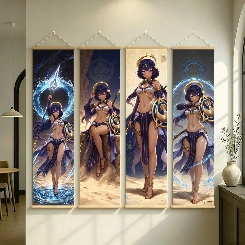 Hanging Scroll Wall Art of Genshin Impact Candace in Blue and Gold Fantasy on Silver Shimmer Canvas for a Gaming Setup