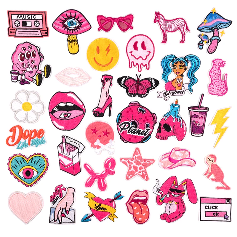 Pink Graffiti Style Patches Embroidery Stickers For Kids' Clothes Backpack Iron On Cute Anime Patches DIY Sewing Clothes Badge