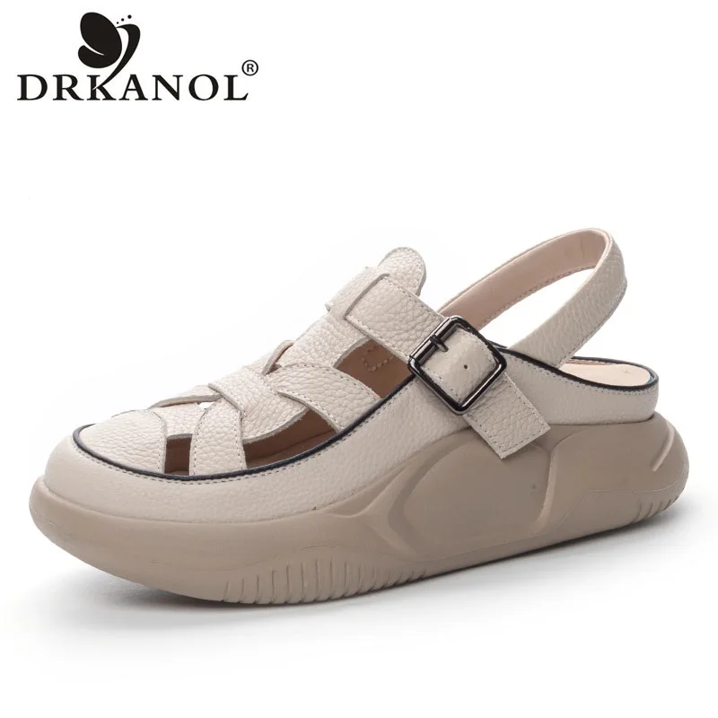 DRKANOL 2024 Genuine Leather Platform Sandals Women Wedges Buckle Casual Sandals Mixed Colors Versatile Summer Slingback Shoes