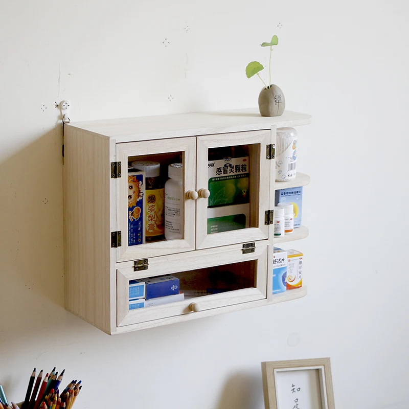 Solid wood dustproof drug storage rack Household wall-mounted non-punching drug storage box