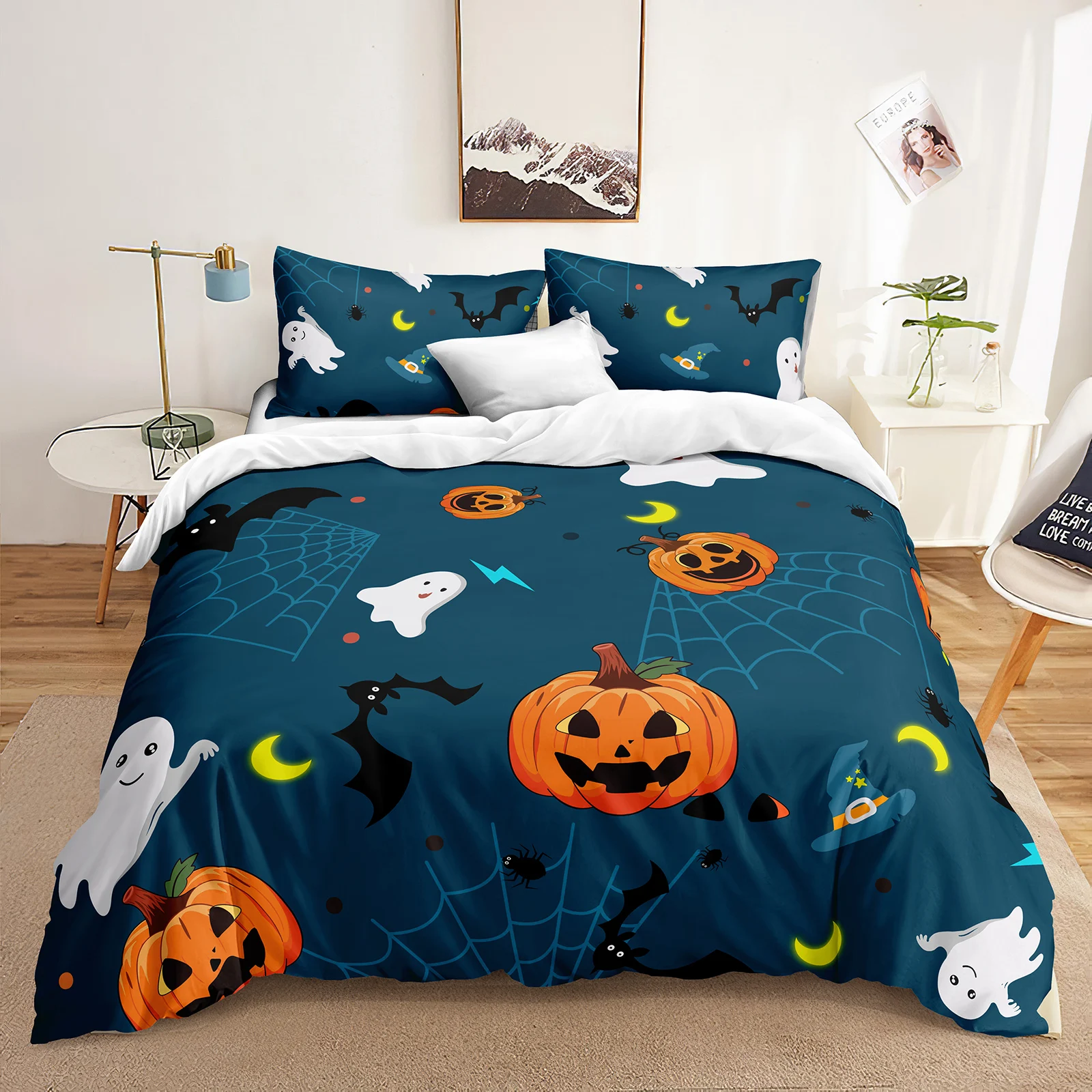 Blue Halloween Bedding Set Cartoon Pumpkin Duvet Cover Set Happy Ghost Bedding Set Kids Boys Girls Halloween Duvet Cover Set