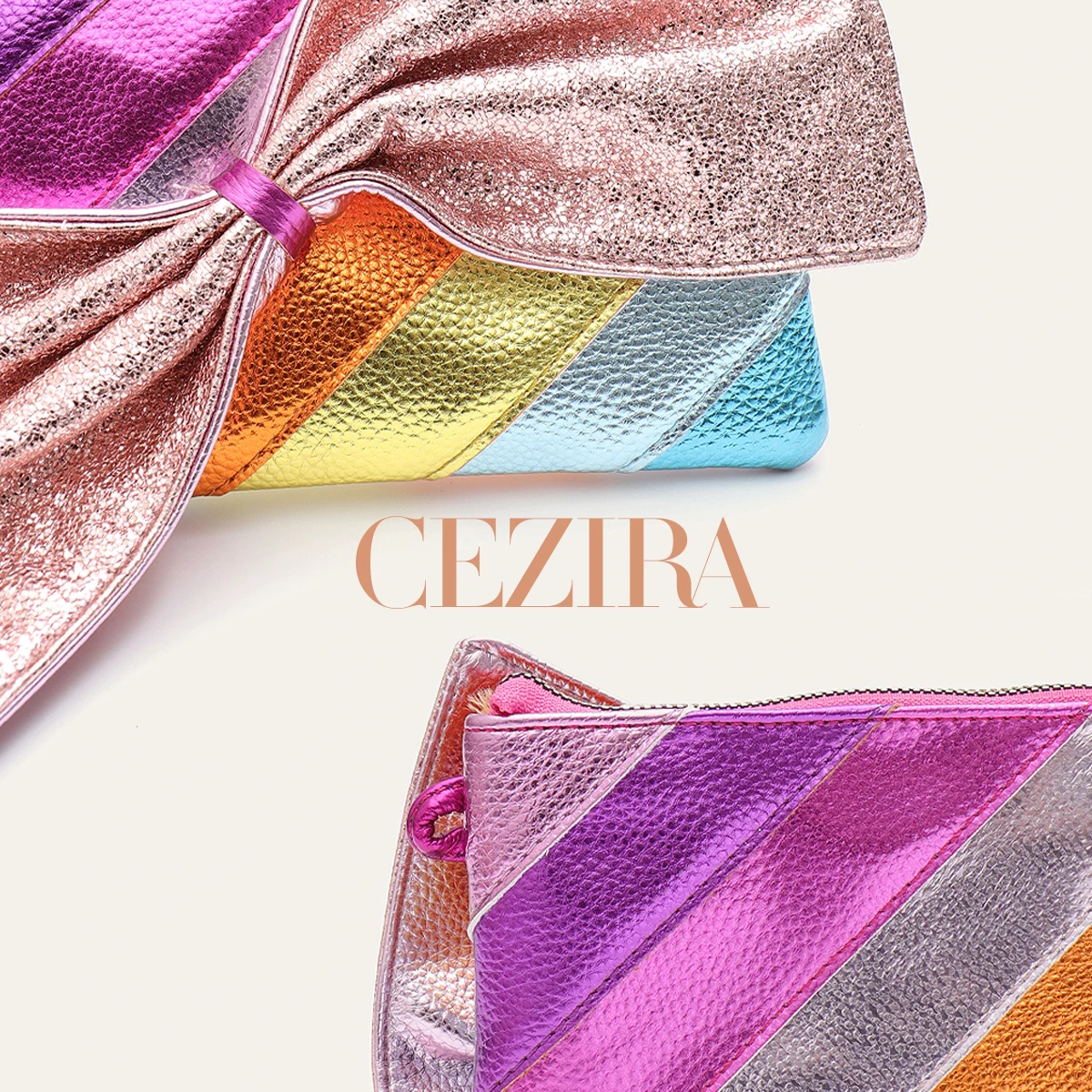 Luxury Metallic Vegan Leather Handbag Colorful Stripes Patchwork Sweet PU Bow Knot Clutch Metal Chain Crossbody Bag Funky Y2K