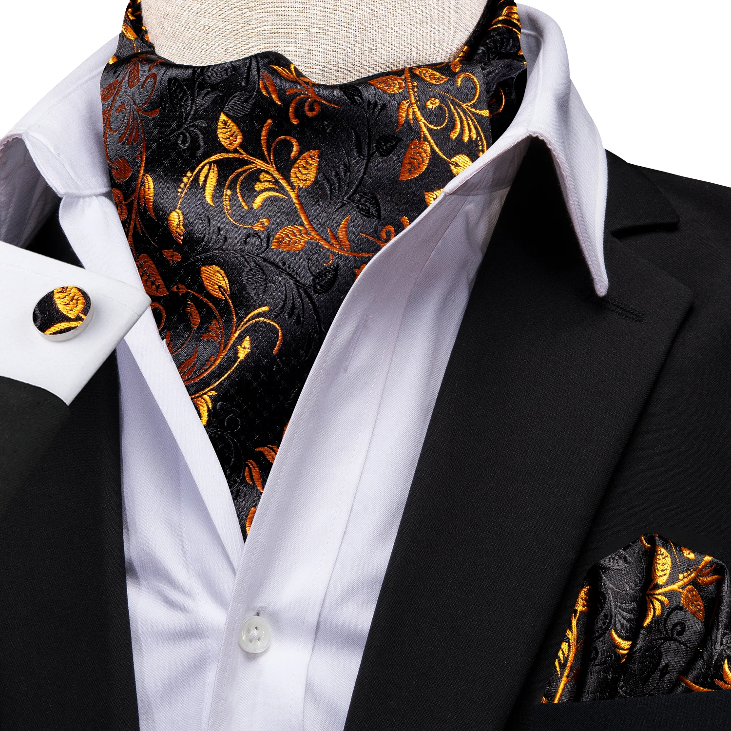 Hi-Tie Brand Mens Ascot Hanky Cufflinks Set Jacquard Paisley Floral Vintage Cravat Tie Wholesale for Male Wedding silk Business