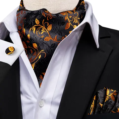 Hi-Tie Brand Mens Ascot Hanky Cufflinks Set Jacquard Paisley Floral Vintage Cravat Tie Wholesale for Male Wedding silk Business
