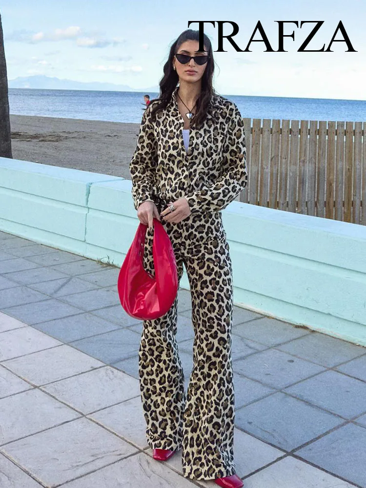 TRAFZA Leopard Print Retro 2 Piece Set For Women Long Sleeves Lapel With Pocket Shirt+High Waist Straight Leg Pants Spring 2024