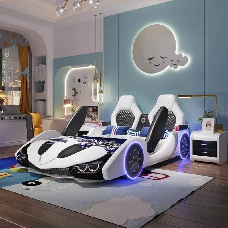 

full king size Up down doors car children beds LED lights Bluetooth speakers double kids bedroom bed bed base boy furniture